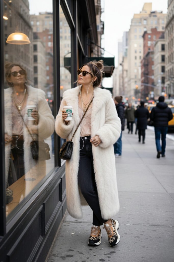 A woman in a white faux fur coat and leopard print sneakers stands on a city street, leaning against a building and holding a coffee cup.