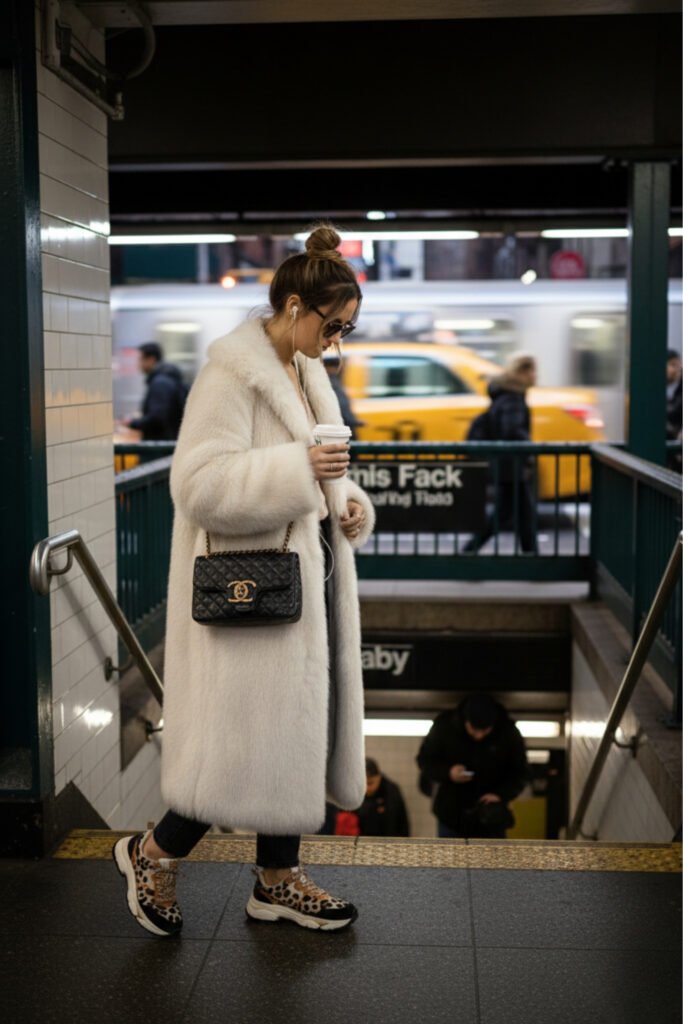 Woman descending the stairs into a New York City subway station, wearing a long white faux fur hooded coat, black jeans, a black quilted bag with a gold chain strap, and leopard print sneakers.