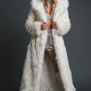 Woman wearing a long white faux fur hooded coat at a night festival, back view showing plush texture.