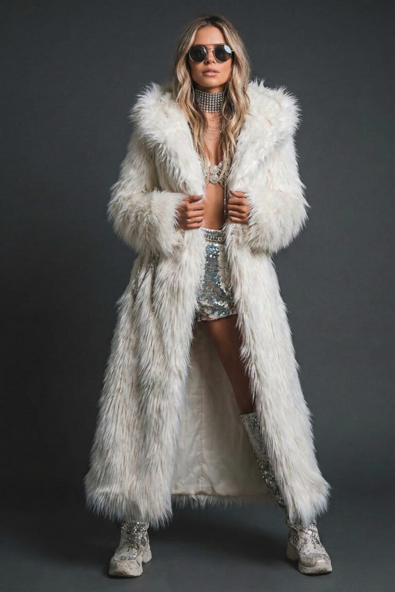 Woman wearing a long white faux fur hooded coat at a night festival, back view showing plush texture.