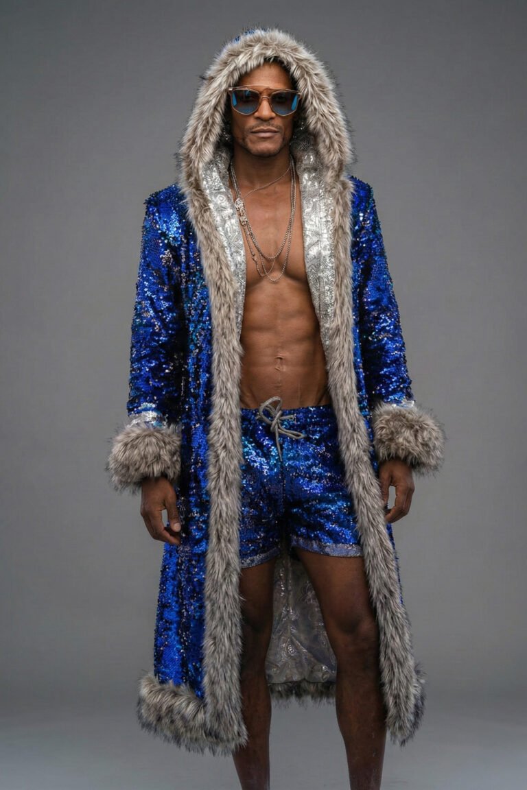 Blue Sequin Festival Coat Set - Faux Fur Trim & Satin Lined