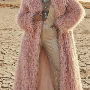 Blush Pink Shaggy Faux Fur Coat - Maxi Length