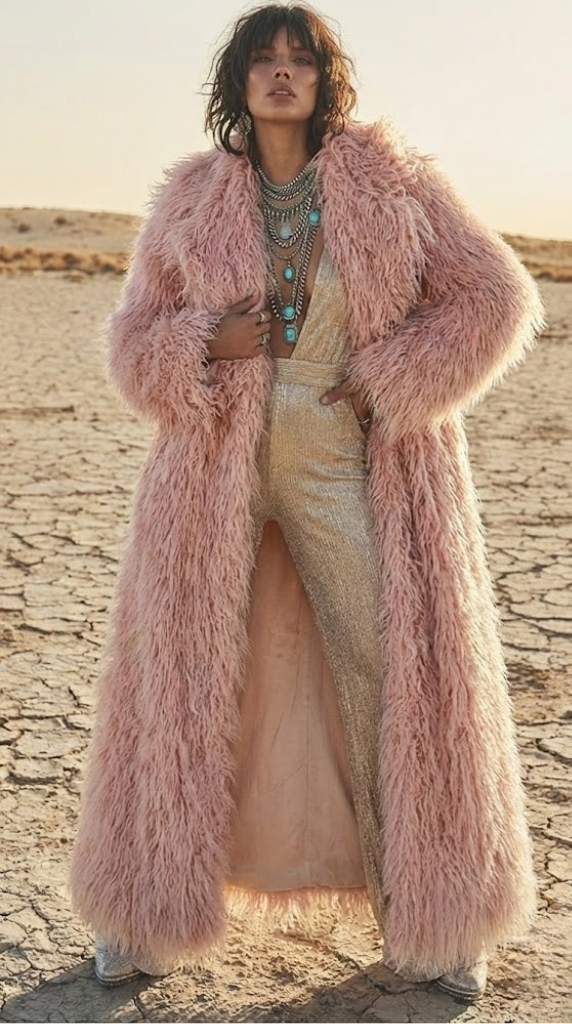Blush Pink Shaggy Faux Fur Coat - Maxi Length