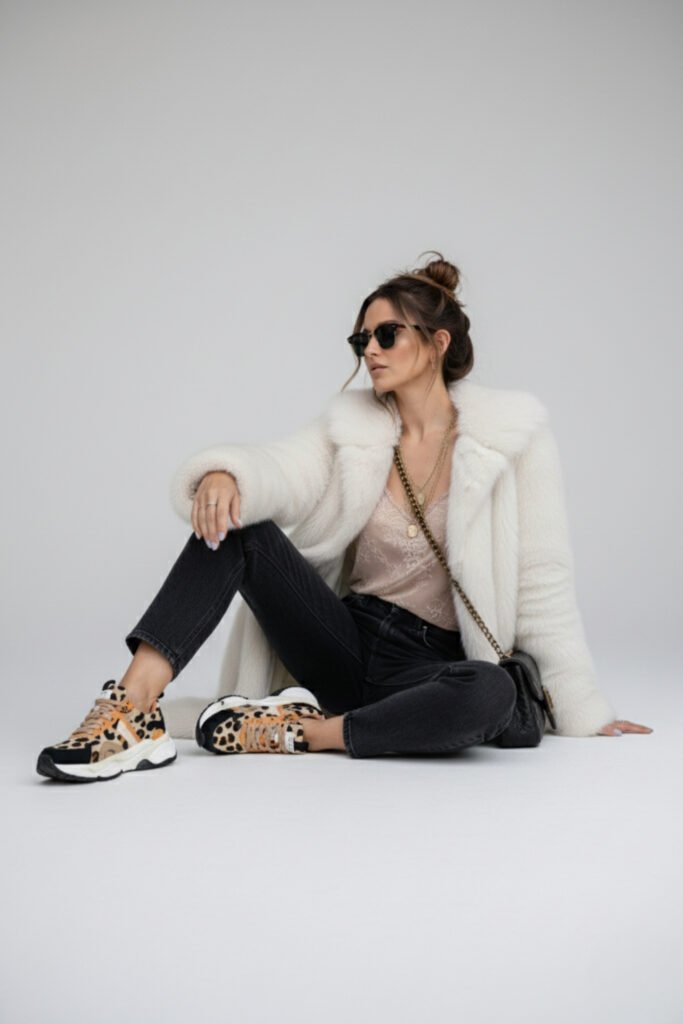 Studio shot of a woman sitting on the floor with her legs crossed, wearing a white faux fur coat, a pink lace camisole, black jeans, dark sunglasses, and leopard print sneakers.