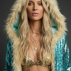 Woman walking in desert wearing a long turquoise sequin hooded duster with white faux fur trim during a festival.