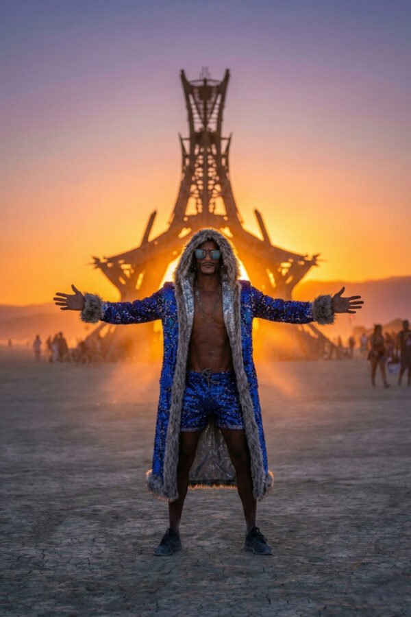 Men's custom fit festival coat blue sequins in Burning man