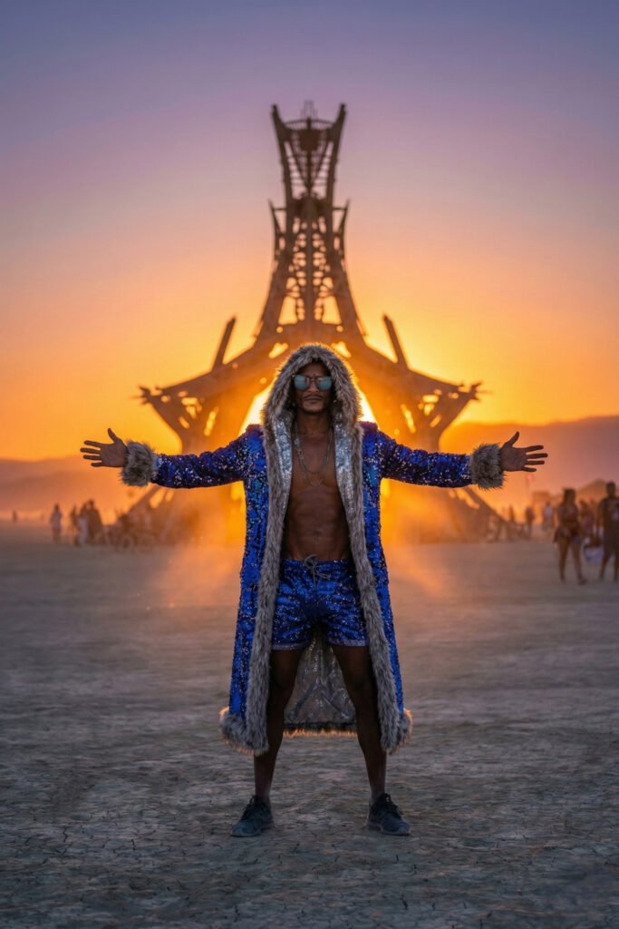 Men's custom fit festival coat blue sequins in Burning man