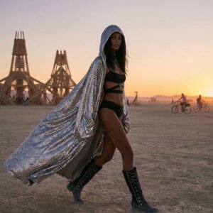Woman wearing a knee-length silver sequin hooded kaftan dancing at an outdoor music festival.
