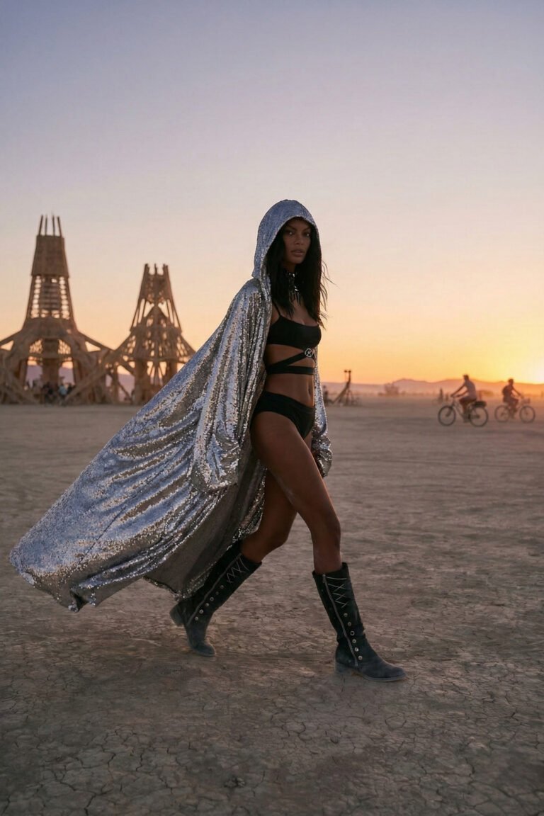 Woman wearing a knee-length silver sequin hooded kaftan dancing at an outdoor music festival.