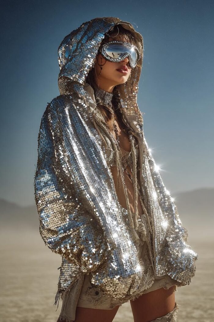 Silver Sequin Hooded Jacket - Oversized Festival Coat