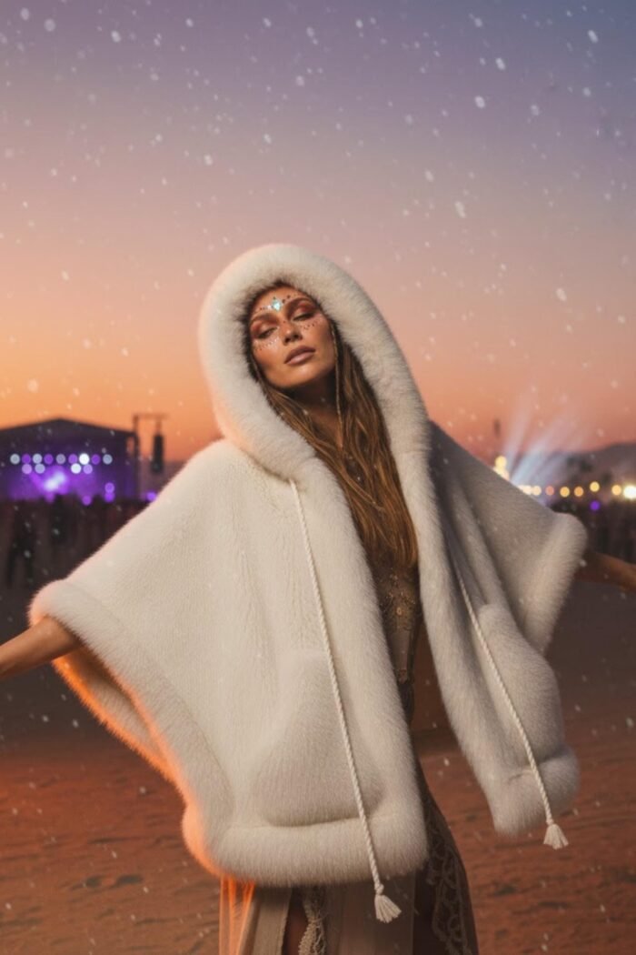 White Faux Fur Cape - Hooded Festival Poncho (Faux Fur)