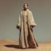 Woman wearing a long beige faux suede coat with fluffy faux fur trim on collar and cuffs, styled in a vintage 70s bohemian winter look.