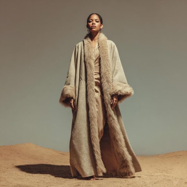 Woman wearing a long beige faux suede coat with fluffy faux fur trim on collar and cuffs, styled in a vintage 70s bohemian winter look.