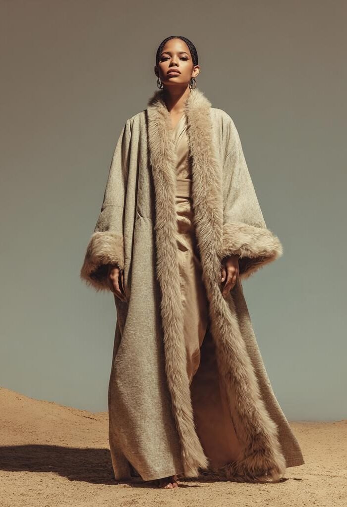 Woman wearing a long beige faux suede coat with fluffy faux fur trim on collar and cuffs, styled in a vintage 70s bohemian winter look.