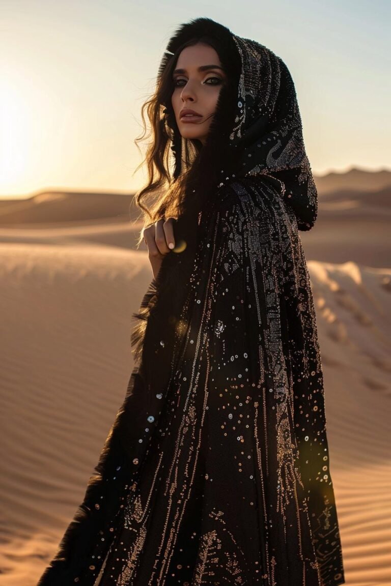 Black Sequin Hooded Kaftan - Faux Fur Trimmed