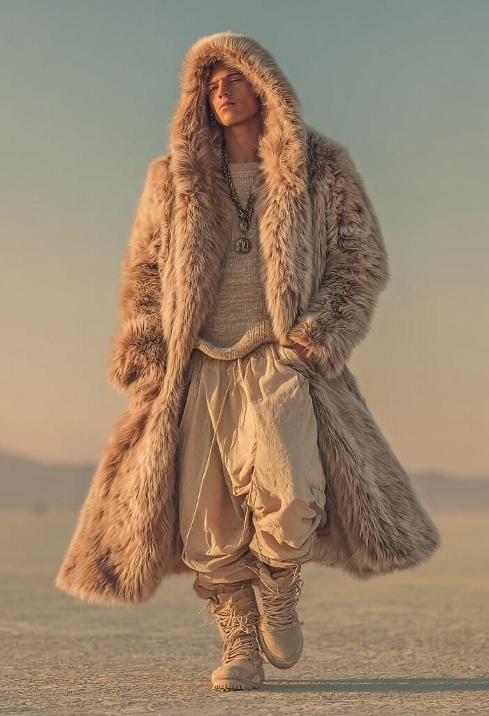 Men's Camel Faux Fur Coat - Maxi Hooded Jacket (Custom Fit)