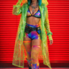 a woman wearing a long neon green transparent hooded raincoat