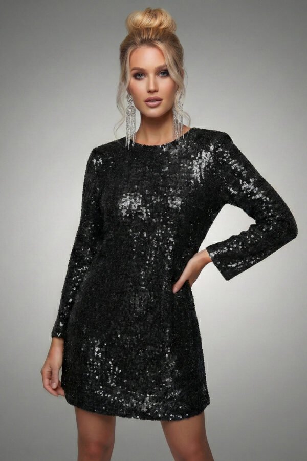 Elegant black long sleeve sequin mini dress featuring a soft jersey lining and crew neck.