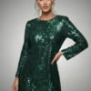 Luxury emerald green sequin mini dress with long sleeves, handcrafted for a custom fit.