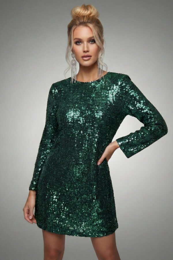 Luxury emerald green sequin mini dress with long sleeves, handcrafted for a custom fit.