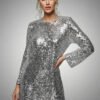 Shimmering silver long sleeve sequin mini dress for cocktail parties and weddings.