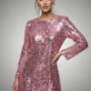 Bold pink shimmering sequin mini dress with long sleeves, perfect for gala events.