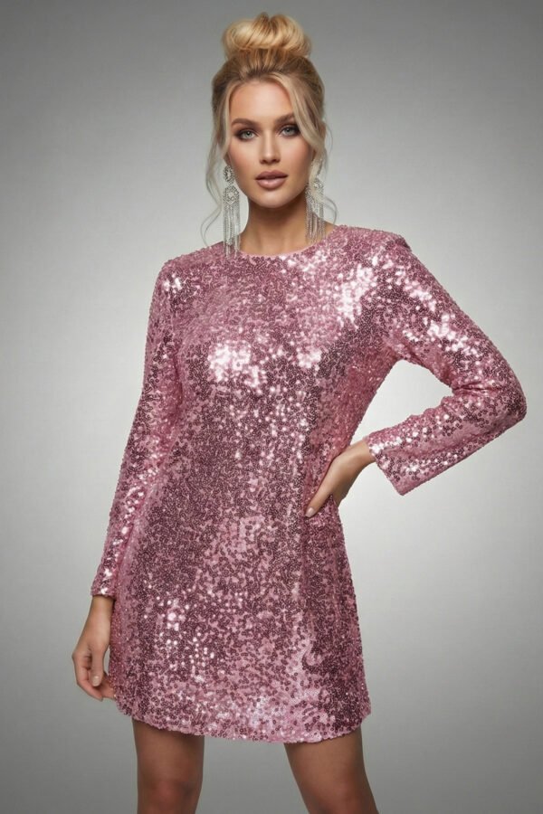 Bold pink shimmering sequin mini dress with long sleeves, perfect for gala events.
