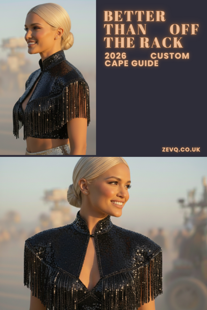 ZEVQ 2026 Custom Cape Guide featuring a model wearing a structured black sequin cape with fringe and high mandarin collar for Burning Man and stage performance.