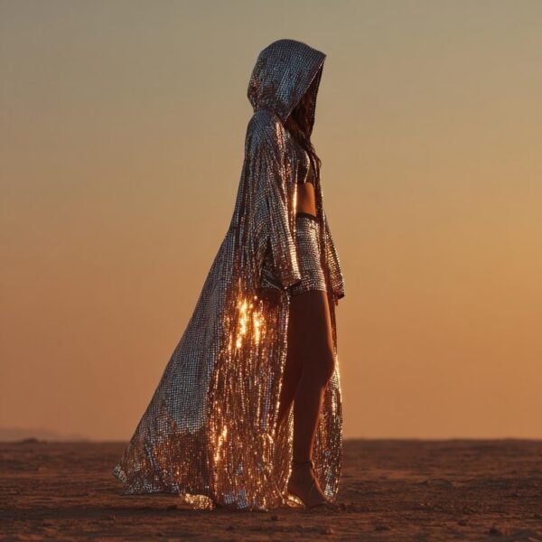 Model wearing the premium silver sequin hooded kaftan and matching shorts festival set at a rave.