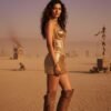 ZEVQ Handmade Gold Sequin Corset Top, a dazzling festival rave bustier worn by a model
