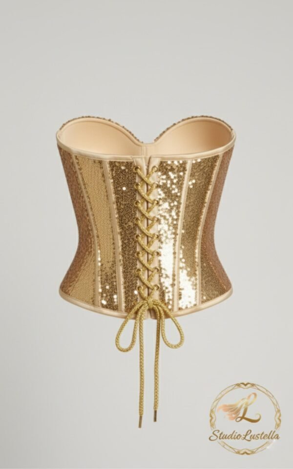 ZEVQ Handmade Gold Sequin Corset Top, a dazzling festival rave bustier worn by a model