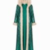 ZEVQ premium emerald sequin festival cloak with dramatic white faux fur trim, worn at a festival.