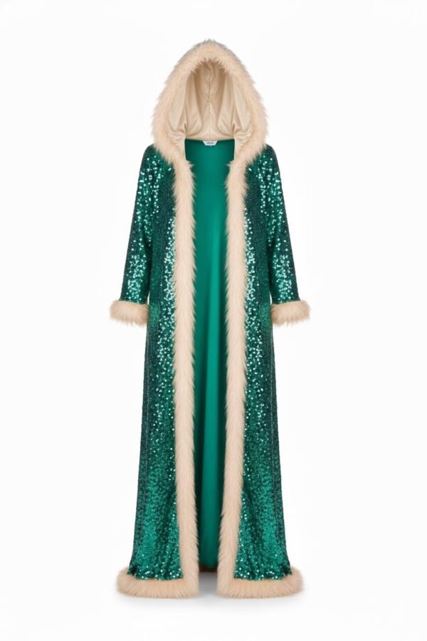ZEVQ premium emerald sequin festival cloak with dramatic white faux fur trim, worn at a festival.
