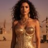 ZEVQ Handmade Gold Sequin Corset Top, a dazzling festival rave bustier worn by a model
