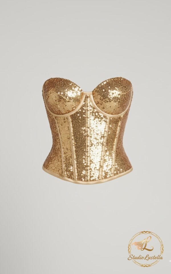 ZEVQ Handmade Gold Sequin Corset Top, a dazzling festival rave bustier worn by a model