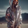 ZEVQ's oversized silver sequin hooded jacket worn at a festival, creating a liquid-metal sparkle effect.