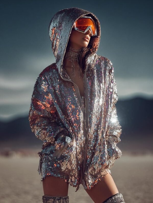ZEVQ's oversized silver sequin hooded jacket worn at a festival, creating a liquid-metal sparkle effect.