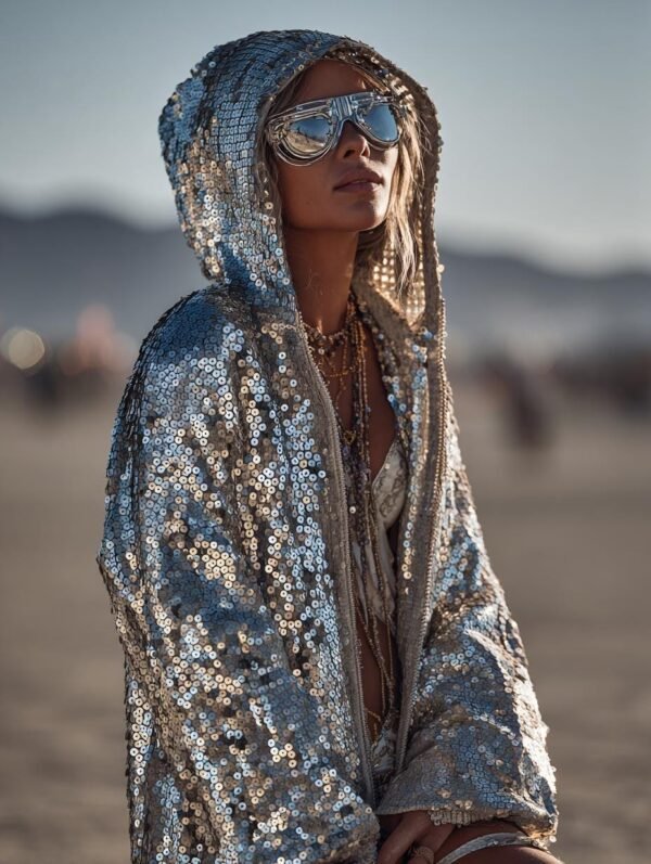 ZEVQ's oversized silver sequin hooded jacket worn at a festival, creating a liquid-metal sparkle effect.