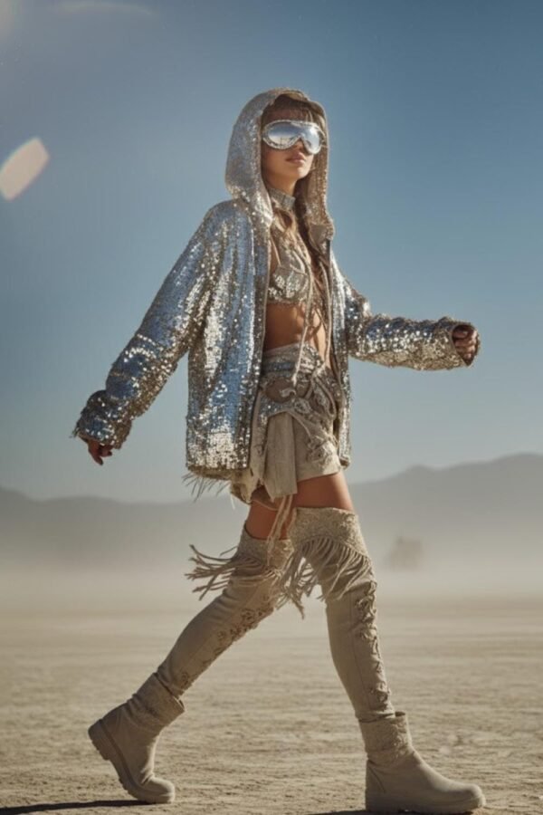 ZEVQ's oversized silver sequin hooded jacket worn at a festival, creating a liquid-metal sparkle effect.