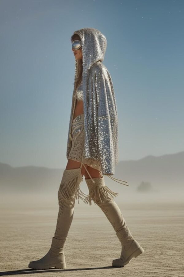 ZEVQ's oversized silver sequin hooded jacket worn at a festival, creating a liquid-metal sparkle effect.