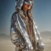 ZEVQ's oversized silver sequin hooded jacket worn at a festival, creating a liquid-metal sparkle effect.
