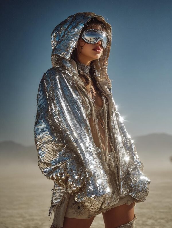 ZEVQ's oversized silver sequin hooded jacket worn at a festival, creating a liquid-metal sparkle effect.