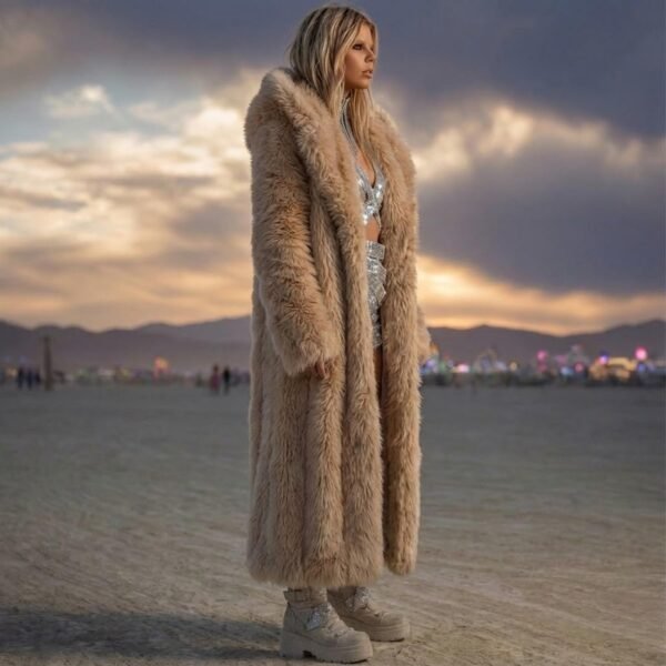 Luxury camel maxi faux fur coat with oversized hood for festival and rave wear.