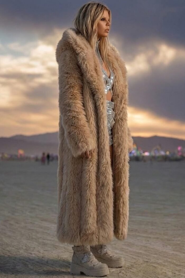 Luxury camel maxi faux fur coat with oversized hood for festival and rave wear.
