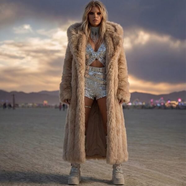 Luxury camel maxi faux fur coat with oversized hood for festival and rave wear.