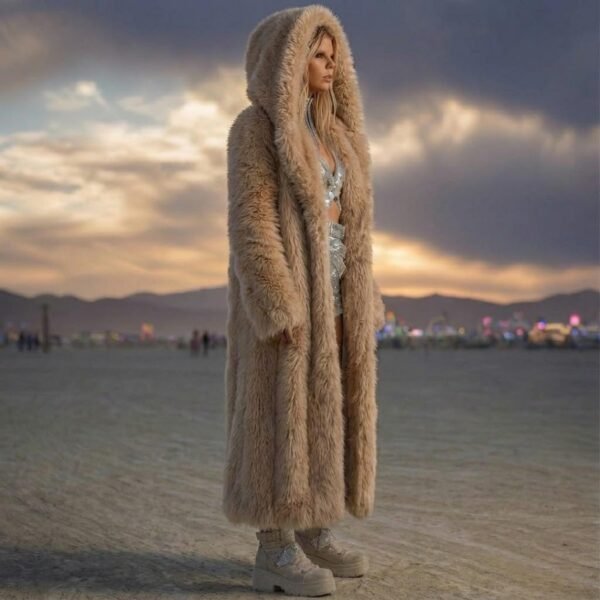 Luxury camel maxi faux fur coat with oversized hood for festival and rave wear.
