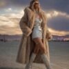 Luxury camel maxi faux fur coat with oversized hood for festival and rave wear.