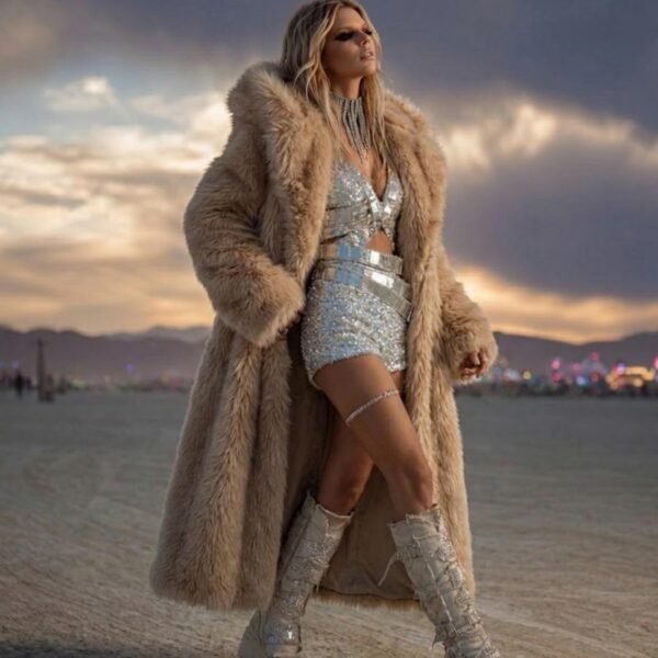 Luxury camel maxi faux fur coat with oversized hood for festival and rave wear.