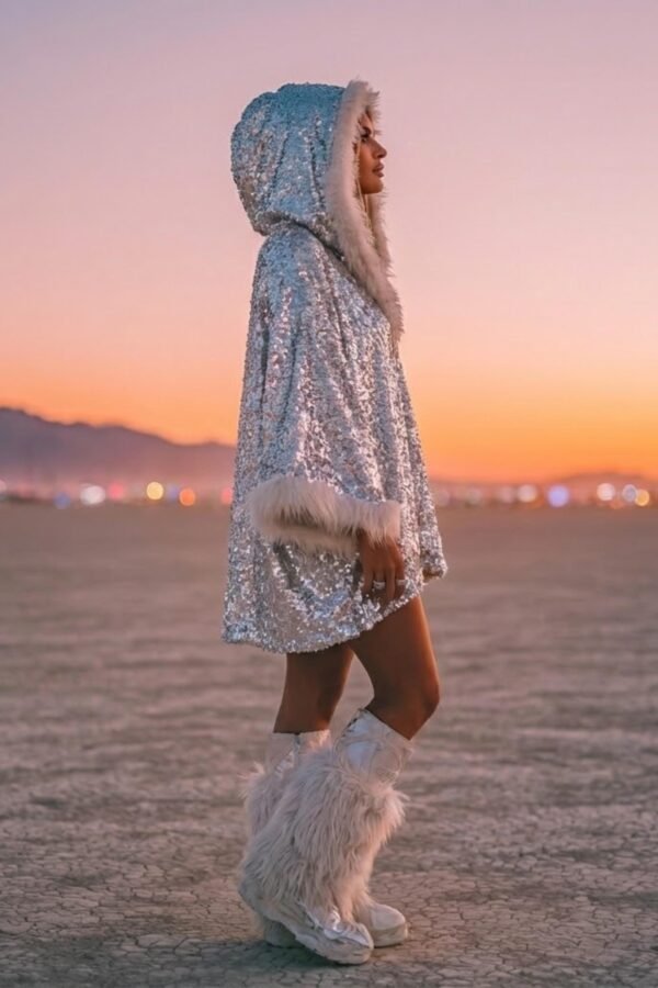 ZEVQ premium silver sequin hooded poncho coat with faux fur hood and cuffs for festival fashion