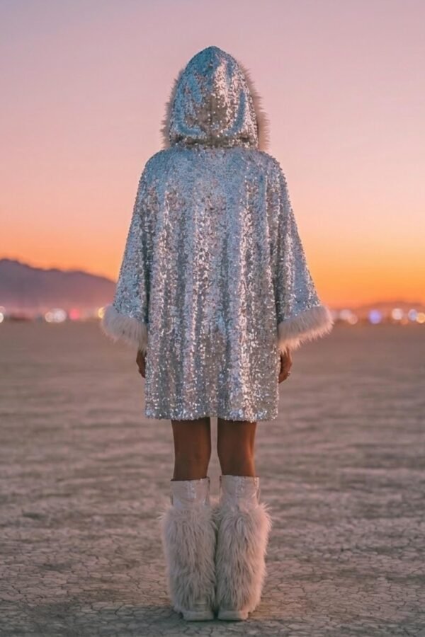 ZEVQ premium silver sequin hooded poncho coat with faux fur hood and cuffs for festival fashion